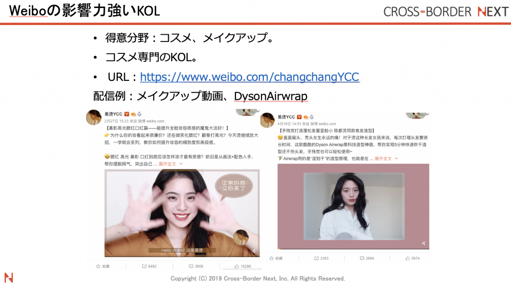 WEIBO上で影響力のあるコスメ系ジャンルインフルエンサーKOL：易烫YCCの配信事例