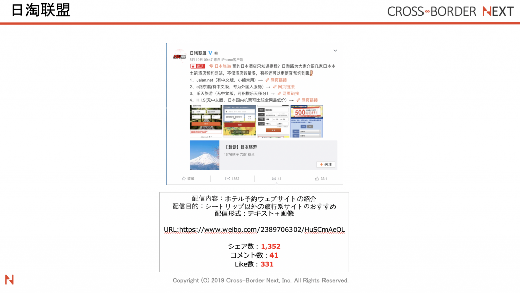 クロスボーダーネクストが運営する日淘联盟（Rtunion.com）が投稿した日本人がよく使う、ホテル予約サイトを紹介しているもの