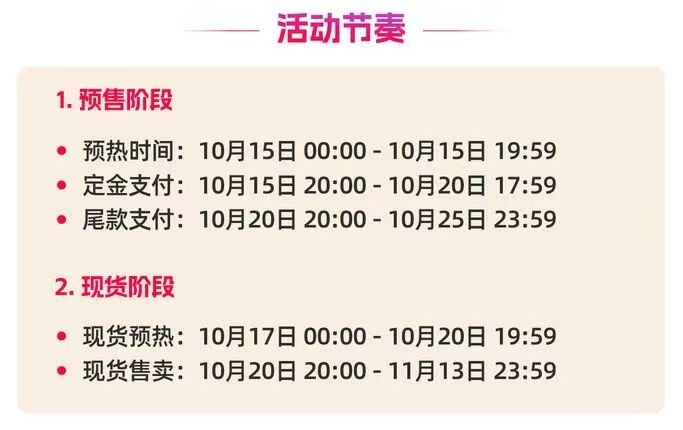 image | クロスボーダーネクスト株式会社 Event schedule in Chinese: two stages—a/预售阶段 with three date ranges (Oct 15–Oct 25) and 现货阶段 with two ranges (Oct 17–Oct 20 and Oct 20–Nov 13) on a peach background.
