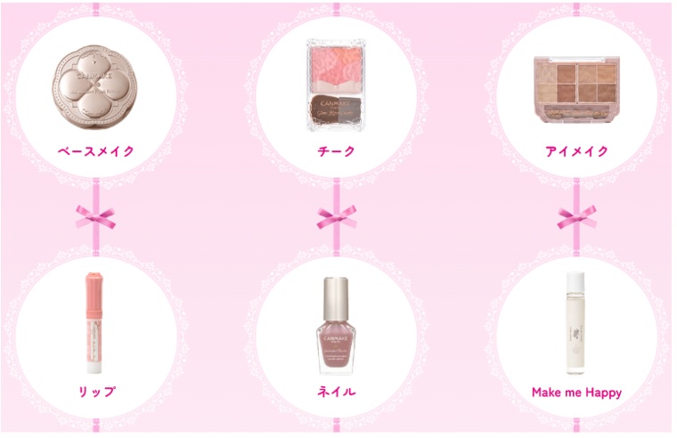 Six cosmetic items arranged in two rows on a pale pink background: base makeup compact, blush palette, eye makeup kit; lipstick, nail polish, and a 'Make me Happy' bottle.