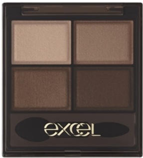 Quad eyeshadow palette with four neutral brown shades and an Excel logo on the base; compact shown closed in a dark case.