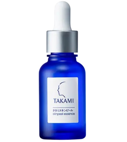 Blue glass dropper bottle labeled TAKAMI skinpeel essence, skincare serum for facial exfoliation/brightening.