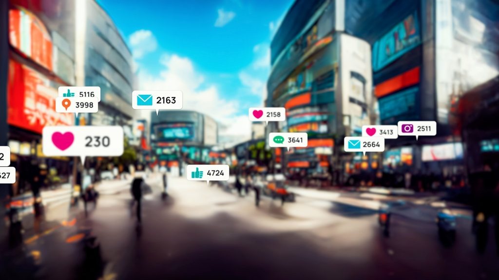 image | クロスボーダーネクスト株式会社 Busy city street with floating social media notification bubbles showing likes, messages, and hearts over the scene.