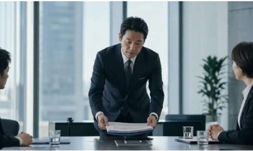 画像① | クロスボーダーネクスト株式会社 Businessman in a dark suit hands a stack of papers to colleagues at a conference table in a modern office.