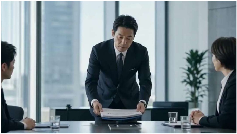 画像① | クロスボーダーネクスト株式会社 Businessman in a dark suit hands a stack of papers to colleagues at a conference table in a modern office.