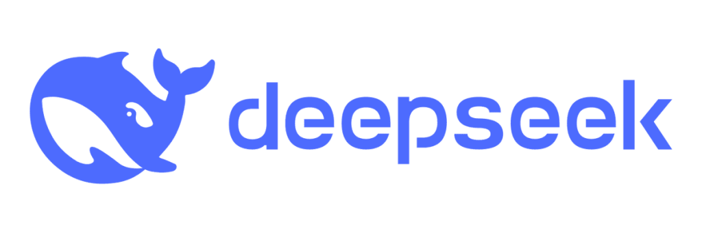 DeepSeek | クロスボーダーネクスト株式会社 Blue whale icon circling a circle next to the word'deepseek' in blue lowercase letters (brand logo).
