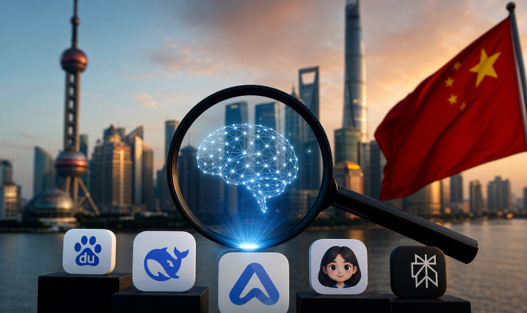 Magnifying glass reveals a glowing neural network over Shanghai skyline with a Chinese flag nearby.