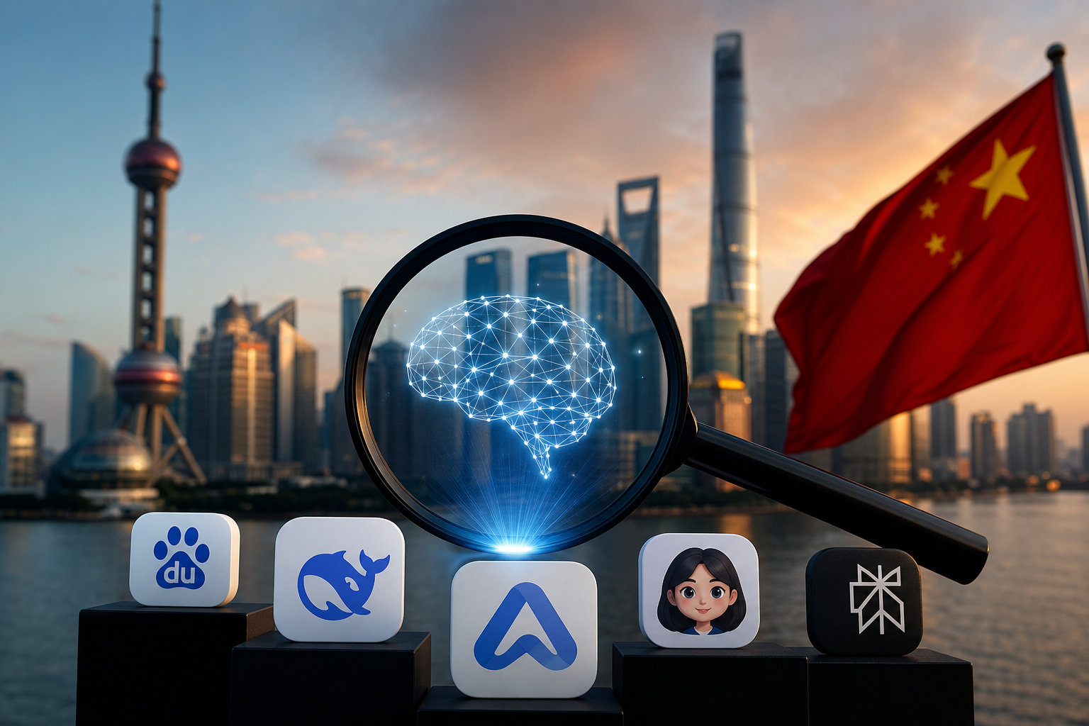 | クロスボーダーネクスト株式会社 Magnifying glass reveals a glowing neural network over Shanghai skyline with a Chinese flag nearby.
