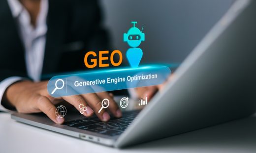 Person typing on a laptop with a glowing 'Generative Engine Optimization' bar and a blue robot, illustrating GEO concept.