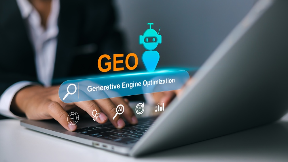 ProfessionalBusinessmanWorkingOnLaptopWithGeoGenerativeEngineOptimization | クロスボーダーネクスト株式会社 Person typing on a laptop with a glowing 'Generative Engine Optimization' bar and a blue robot, illustrating GEO concept.