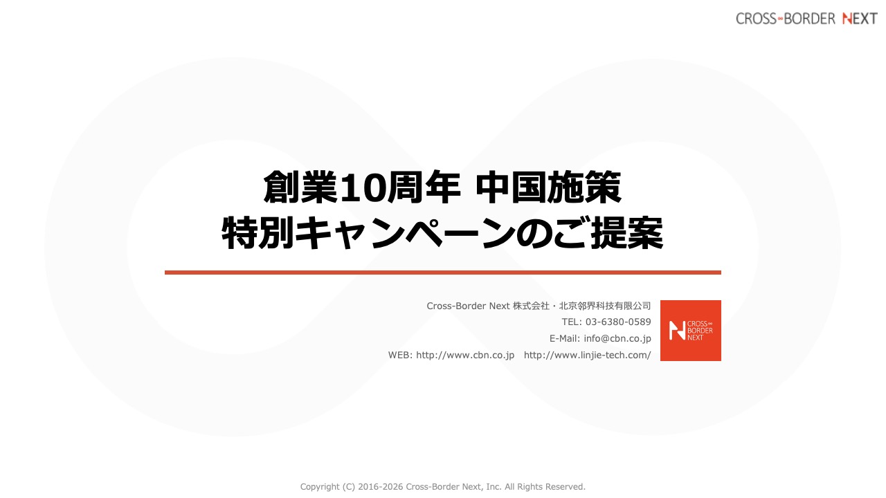 Cover slide: Japanese title about 10th anniversary and China policy campaign proposal, Cross-Border Next logo.